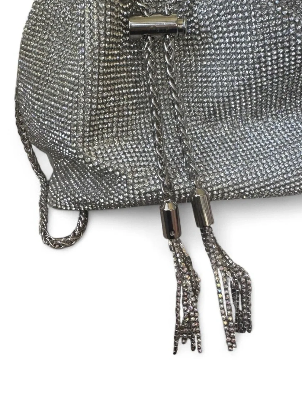 Silver Rhinestone Crystal Bucket Bag Jeweled Handle Chain Strap